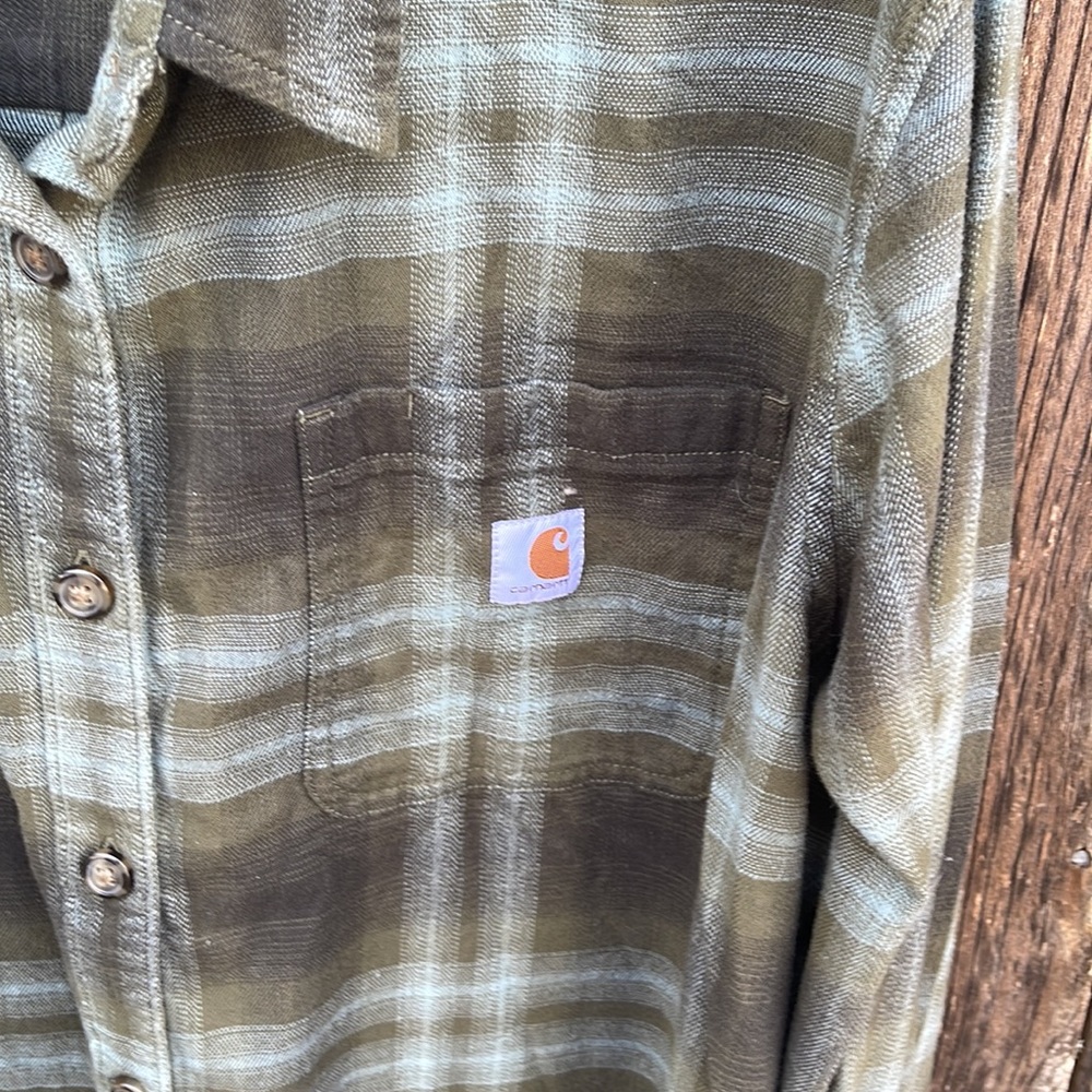 Carhartt 2X Plaid Flannel Shirt Green Rugged Flex Loose Fit Ladies Soft Long Slv - Picture 3 of 7